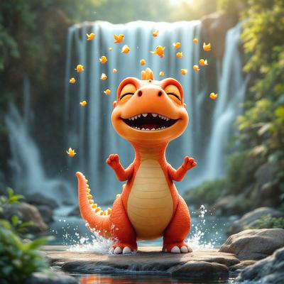 The primary subject of the image is a cartoon character, specifically a red dinosaur, which is smiling and appears to be enjoying itself. The setting is a waterfall, with the dinosaur standing in front of it. The visual style of the image is digital art, as it is a well-crafted and detailed illustration. The colors and mood of the image are vibrant and cheerful, with the red dinosaur being the main focus and the waterfall adding a sense of depth and natural beauty